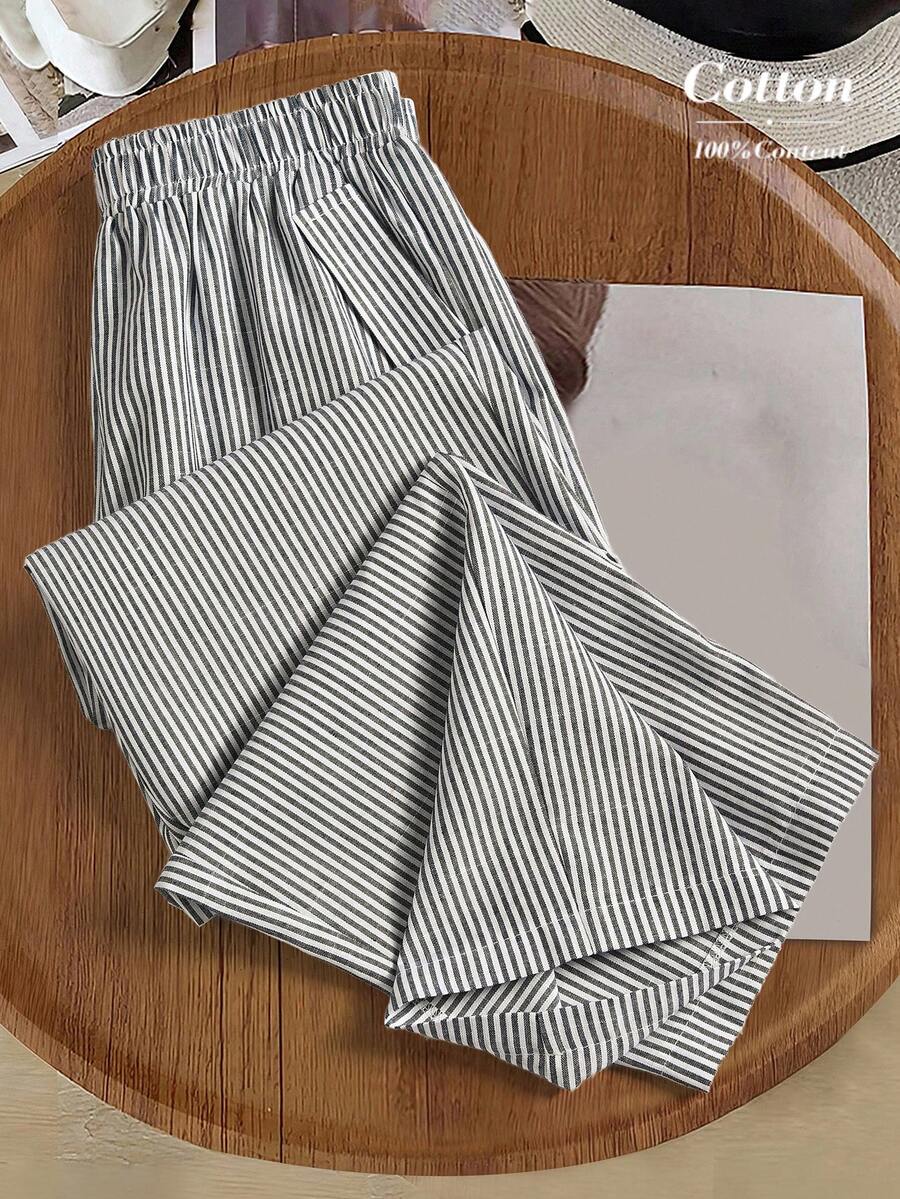 SHEIN RusticEase Quần ống rộng dáng suông kẻ sọc dành cho nữ, cạp chun, kiểu dáng thường ngày. - Nhiều màu - Xem 1