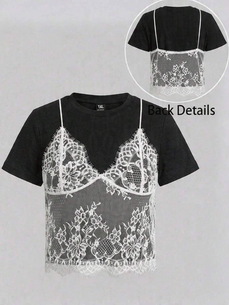 SHEIN Tall CURVE Plus Size Summer White Lace Spliced Round Neck Short Sleeve T-Shirt (2 In 1) - Black and White - View 1