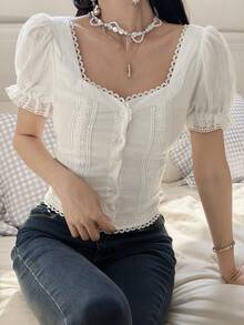 Women's Summer Lace Trim French Petal Sleeve Cropped Top - White - View 6
