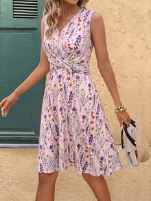 SHEIN Clasi Women's Sleeveless Twist Waist A-Line Floral Print Dress, Slimming Fit, Suitable For Daily And Vacation Occasions, Summer Boho Pink Floral - Pink - View 5