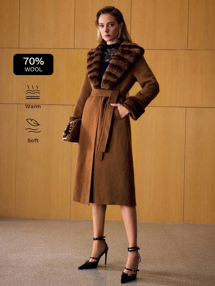 WOOL FURRY SHAWL COLLAR OVERCOAT