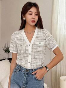 DAZY Women's Elegant Commuter Short Sleeve Button Front T-Shirt, Summer - Grey - View 4