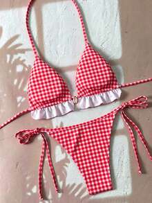 Swim Mod Swim Suits For Women Women's Summer Beach Solid Color Ruffle Trim Halter Neck Tie Two Pieces Bikini Set - Multicolor - View 4