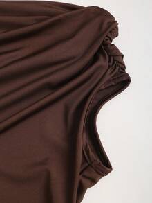 Sweetra Women's Metal Decor Ruched Shoulder Fashion T-Shirt - Coffee Brown - View 6