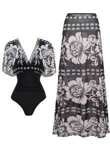 Swim Oasis New Printed V-Neck One-Piece Ruffled Sleeve Swimsuit With Cover-Up, 2-Piece Set For Women - Black - View 3