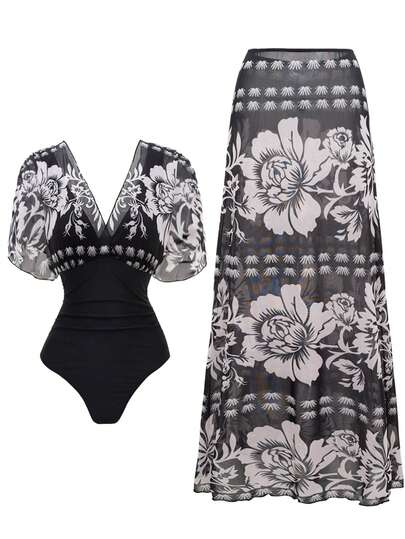 Swim Oasis New Printed V-Neck One-Piece Ruffled Sleeve Swimsuit With Cover-Up, 2-Piece Set For Women