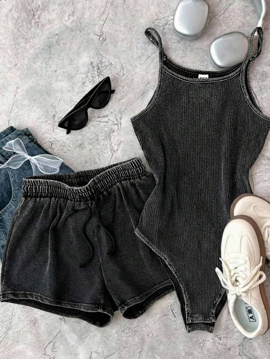 SHEIN 2pcs/Set Girls' Summer Vintage Washed Bodysuit & Shorts Set, Casual Everyday Wear, Outdoor Sports - Black - View 1
