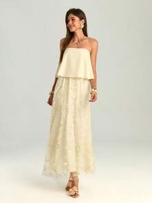 Firerie Vestido de playa elegante y romántico para mujer, vestido casual suelto sin tirantes de color blanco y albaricoque, adecuado para la playa, vacaciones, citas, fiestas, bodas, atuendo de verano - Blanco - Ver 8