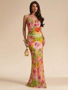 SHEIN BAE Đầm gợi cảm hở lưng, cổ xếp ly, in họa tiết hoa màu xanh lá cây, thích hợp cho kỳ nghỉ biển. - màu xanh lá - Xem 4