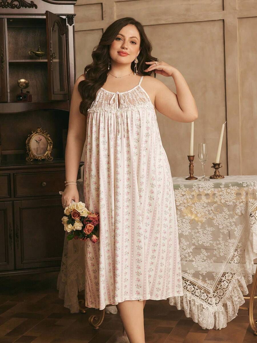 Côtesoire Plus Size Southern France Romantic Striped Floral Lace Camisole Nightgown - Multicolor - View 1