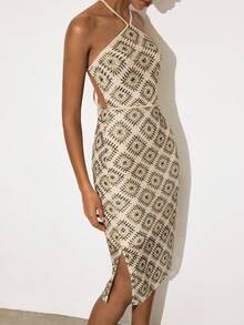 Maija Geometric Floral Print Halter Backless Mid-Length Dress,Beige Summer Boho Elegant Holiday Vacation Dinner Casual Country Concert Outfit For Women - Multicolor - View 5