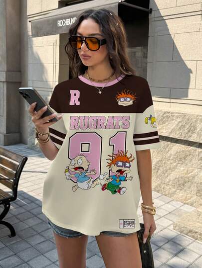 Nick 90s | SHEIN Camiseta casual de mujer de cuello redondo y manga corta, estampado completo en estilo de los 90