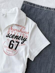 Tween Girl Printed Knit White Polo Collar Casual Short Sleeve T-Shirt - White - View 5