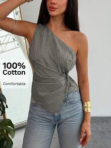 Aloruh 极简通勤春夏新款杏色条纹褶皱系带女式短衬衫 - 灰色 - 查看 11