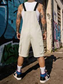 Manfinity Roghcode Beige shorts med haklapp för män, mångsidig jumpsuit i amerikansk retrostil - Beige - Visa 2