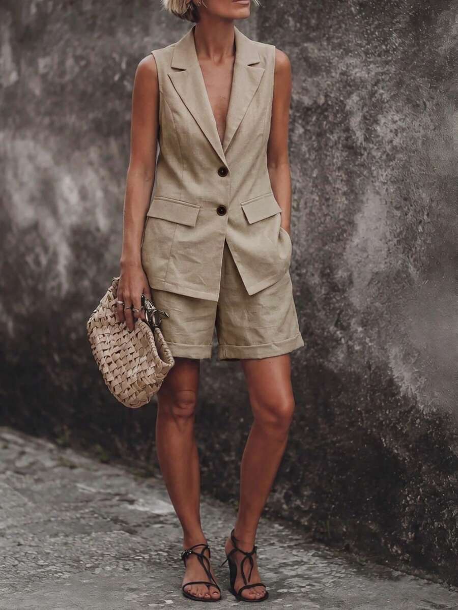 SHEIN Bộ đồ nữ tối giản chất liệu vải lanh pha gồm áo không tay cài một hàng khuy và quần short. - Màu Khaki - Xem 1