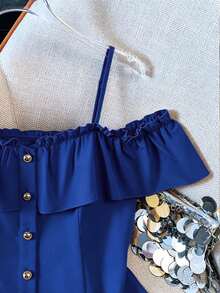 Resyla Women's Solid Color Spaghetti Strap Ruffle Hem Elegant Front Button Shirt, Summer - Royal Blue - View 3