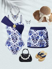 Swim Oasis 一件蓝白瓷纹印花不对称领口泳衣，女式连衣裙设计 - 藏蓝色 - 查看 2