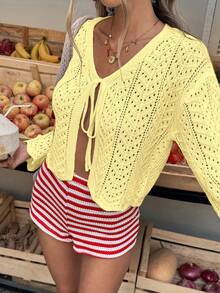 Selianne Áo khoác cardigan dài tay kiểu bohemian thoải mái, chất liệu vải dệt họa tiết, thích hợp cho nữ, mùa xuân/hè. - Màu vàng - Xem 1