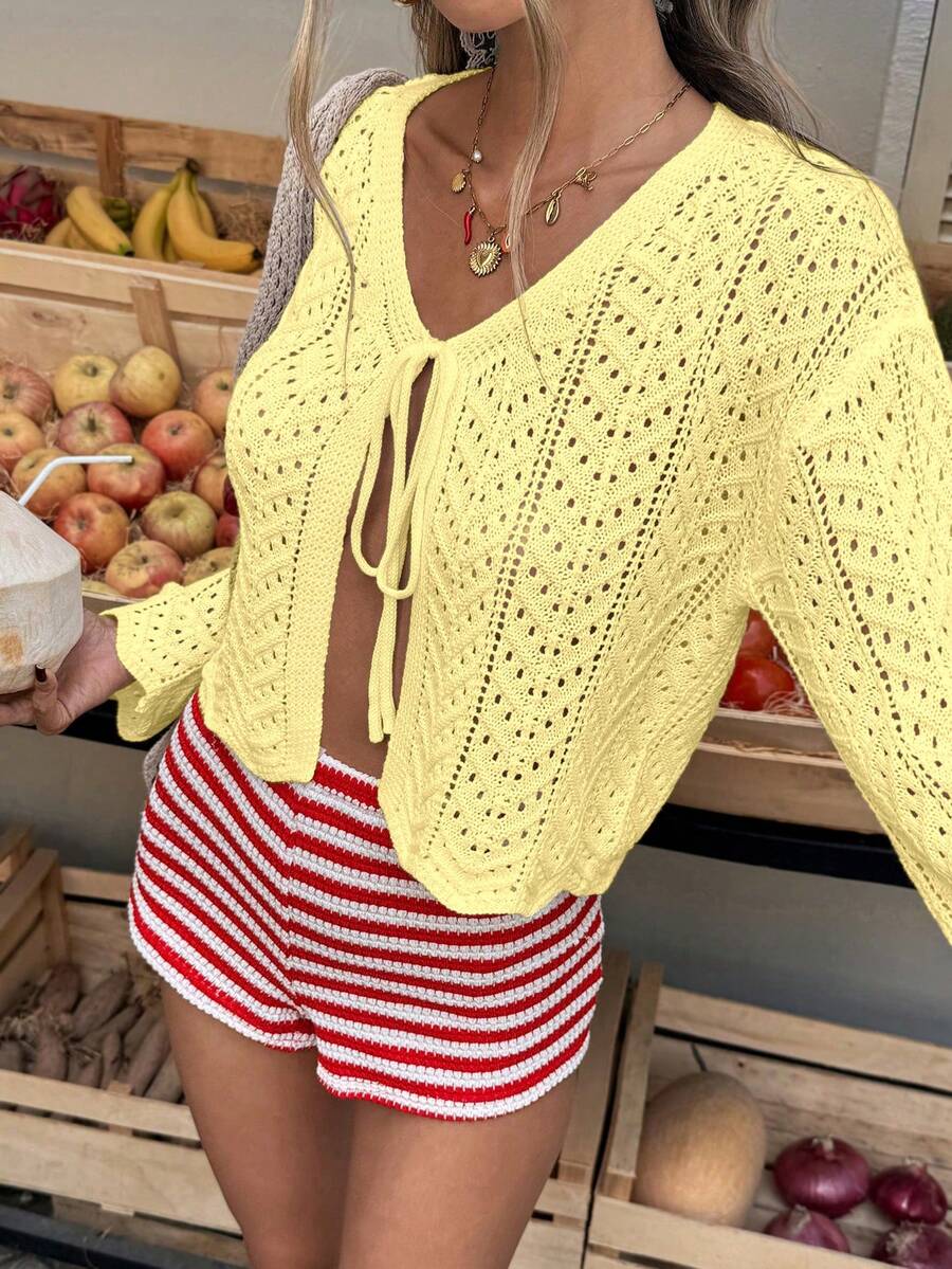 Selianne Áo khoác cardigan dài tay kiểu bohemian thoải mái, chất liệu vải dệt họa tiết, thích hợp cho nữ, mùa xuân/hè. - Màu vàng - Xem 1