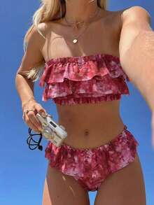 Bellisia Women's Vacation Beach Tie-Dye Print Ruffled Swimsuit Set,2026 Spring/Summer New Women's Swimwear Beach Resort Collection: Elegant, Romantic, Sexy, And Sweet; Simple, Casual, And Versatile; Uniquely Designed New Styles; Women's Beachwear, Travel Wear, Vacation Wear, Everyday Sports Swimwear, Two-Piece Sets, Multi-Piece Sets, And Multiple Colors Available, Including Bow-Tie Bikinis, Removable Bra Pads, And Vibrant Holiday-Themed Colorful Prints. Perfect For Summer Outings, Beach Vacations, Island Getaways, Sunbathing, Road Trips, Cruise Ship Banquets, Afternoon Tea, Candlelight Dinners, Romantic Dates, Private Parties, Everyday Wear, Casual Style, And Even Music Festivals. The Must-Have Swimwear For A Cool Summer Beach Trip! 2 Piece Set Two Piece Outfit Women Beach Party Outfit For Women Birthday Outfits For Women Two Pieces Retro Outfit For Women Set Rave Outfits For Women Two Piece Zestiva Swimsuit Yummy Control Bathing Suit - Red Violet - View 10