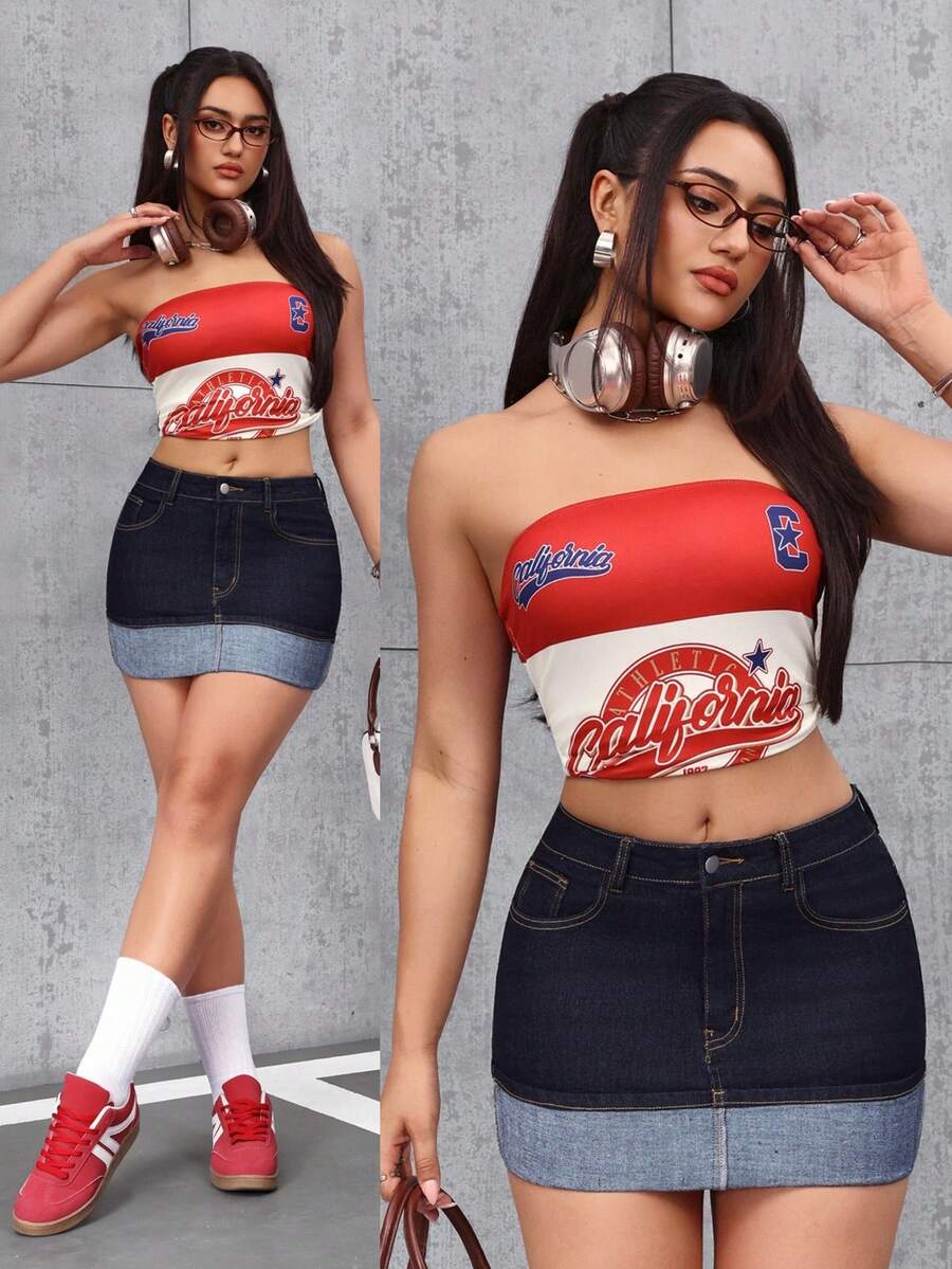 SHEIN Tall 女士夏季休闲斜插口袋修身牛仔迷你裙 - 藍色 - 查看 1
