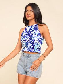 Coeurva Top halter con estampado integral para mujer, de verano, playa, vacaciones y fiesta, estilo boho elegante, top corto casual, para invitada de boda y cumpleaños - Azul y blanco - Ver 8
