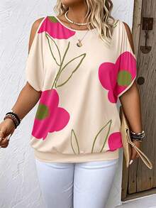 Breezaya Camiseta de manga corta con hombros abiertos y estampado de plantas para tallas grandes, ideal para ocasiones casuales - Camisetas gráficas para mujeres - Multicolor - Ver 5