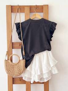 Resyla Áo thun nữ 100% cotton đã qua xử lý, in hình bướm và khẩu hiệu, kiểu dáng tối giản, cổ tròn, tay bồng. - màu đen - Xem 2