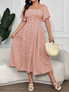 Vionelle Đầm maxi cài cúc cổ vuông in họa tiết hoa nhí cỡ lớn dành cho nữ. - Hồng - Xem 7