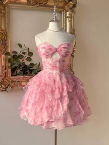 Lovelzi 优雅浪漫粉色数码印花，手工褶皱装饰，无肩带镂空设计荷叶边下摆短款女士正式鸡尾酒礼服 - 彩色 - 查看 5