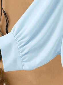 Camisa de manga larga con botones y lazo delantero, de unicolor, adecuada para el verano, talla extra - Azul - Ver 3