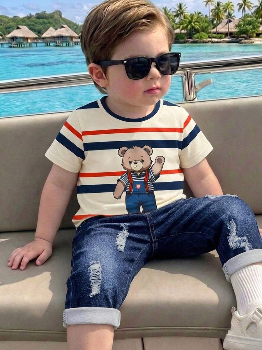SHEIN Playful Pals 2件套婴儿幼儿男童夏季休闲条纹小熊印花短袖上衣和短裤套装，宽松舒适，适合日常外出、学校活动、家庭聚会和户外玩耍。男婴套装，男童夏季套装，男童服装，男婴服装，男童套装，婴儿休闲套装，男童夏季套装，男童服装，幼儿男童套装 - 彩色 - 查看 1
