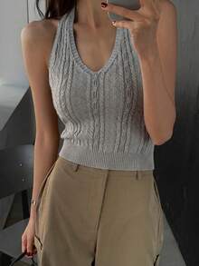 DAZY Women's Solid Color Fitted Halter Casual Sexy Street Sleeveless Sweater Vest Y2k Summer Back-To-School Golf Pastal - Grey - View 5