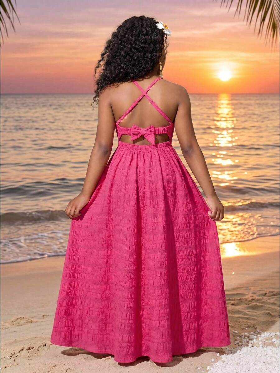 SHEIN Tween Girls' Casual Vacation Fuchsia Halter Backless Textured Solid Dress, Suitable For Beach, Music Festival - Hot Pink - View 1