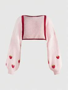 ROMWE Kawaii Áo len cardigan tay dài dáng ngắn họa tiết dâu tây dễ thương cổ điển cỡ lớn, thu/đông - Hồng - Xem 1