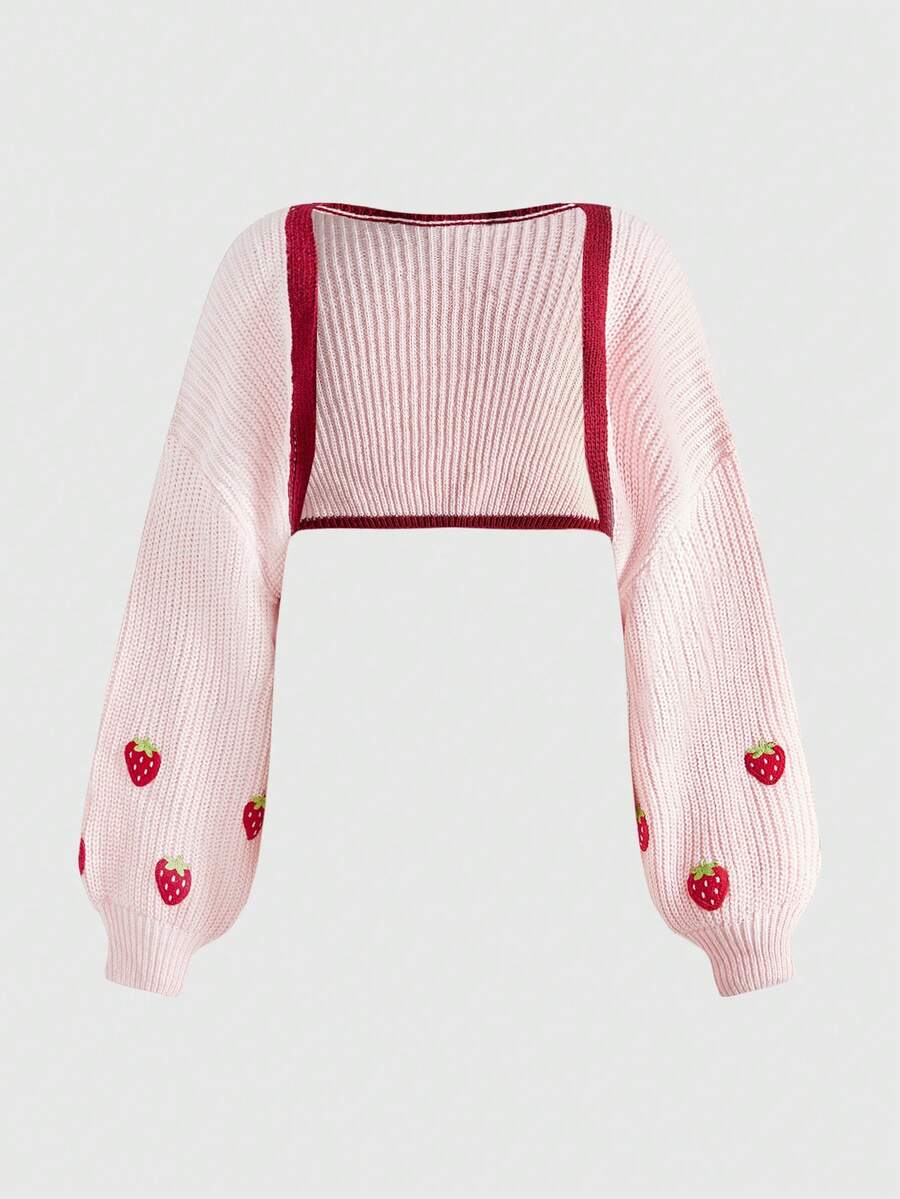 ROMWE Kawaii Áo len cardigan tay dài dáng ngắn họa tiết dâu tây dễ thương cổ điển cỡ lớn, thu/đông - Hồng - Xem 1