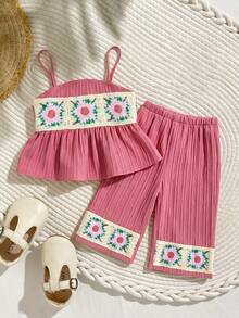 女宝宝可爱度假休闲玫红色碎花吊带背心和松紧腰裤套装 - 粉色 - 查看 2