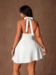 Rustia Plus Size Sexy Chic Deep V-Neck Halter Tie Waist Slim Fit Dress - White - View 2