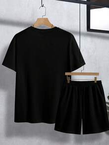 Manfinity Homme CHICAGO Letter Print Slim Fit Short Sleeve T-Shirt And Shorts Set, Mature Casual Versatile Classic T-Shirt And Shorts Set - Black - View 2
