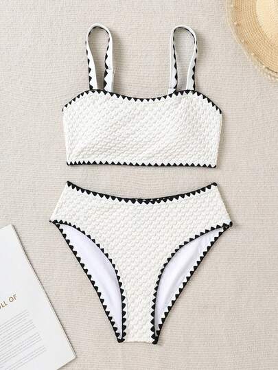 SHEIN Conjunto de bikini de 2 piezas con camiseta y Bottom en contraste de color texturizado negro y blanco para adolescentes, traje de baño para vacaciones de verano en la playa