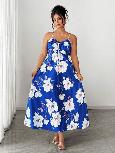 Weeklong Vestido maxi de satén con estampado para mujer de talla grande, con tirantes finos, ajustado y sin mangas. Elegante y encantador, vintage romántico, casual y cómodo. Ideal para festivales de música y vacaciones (estampado aleatorio)