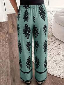 Louniche Women's Simple Geometric Printed Lace Trim Straight Leg Pants, Suitable For Early Spring Vacation - Cadet Blue - View 2