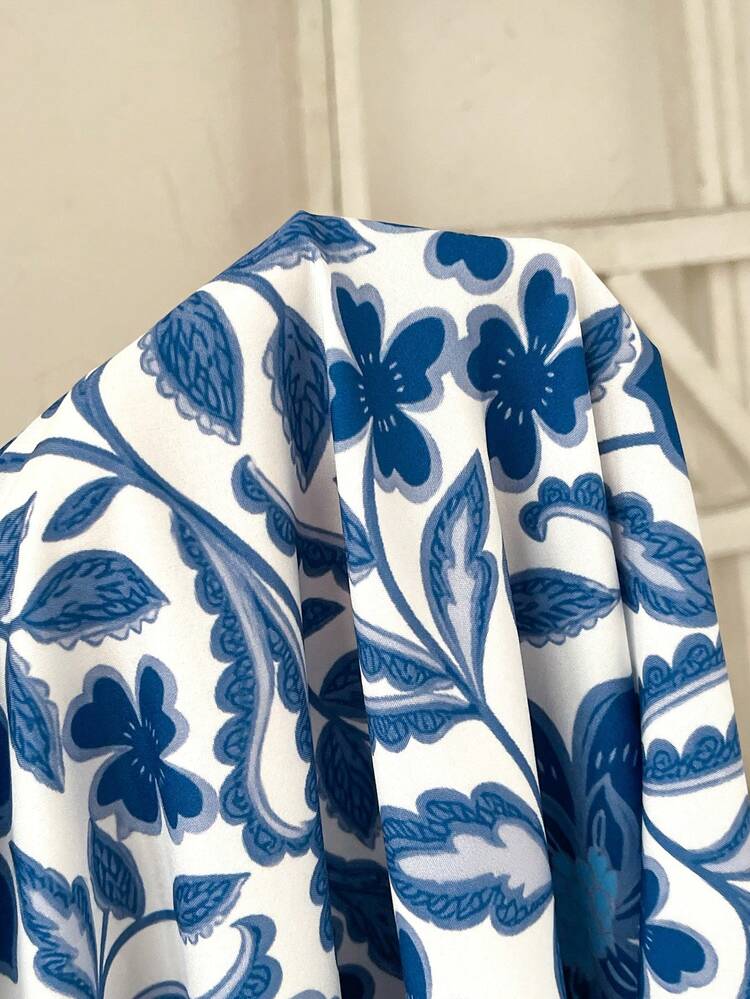 Plus Size Floral Print Petal Sleeve Casual Vacation Shirt