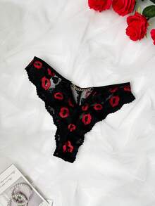 Women's Lace Sexy Lip Print Thong Panties, Lingerie - Black - View 2