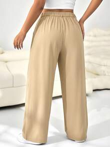 Solflare Plus Size Solid Color Button Casual Wide Leg Pants, Suitable For Graduation, Back To School, Teacher Outfits For Women, Khaki Color - Khaki - View 2