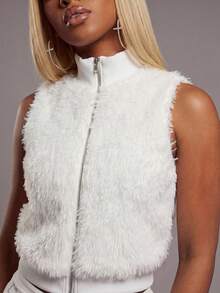 Modviera Women's Solid Color Zipper Design Turtleneck Sleeveless Casual Elegant Faux Fur Jacket - White - View 2