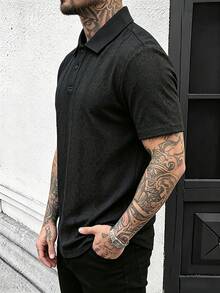 Manfinity CasualCool 男士拼色 Polo 衫，復古幾何提花休閒上衣，正式款 - 黑色 - 查看 4