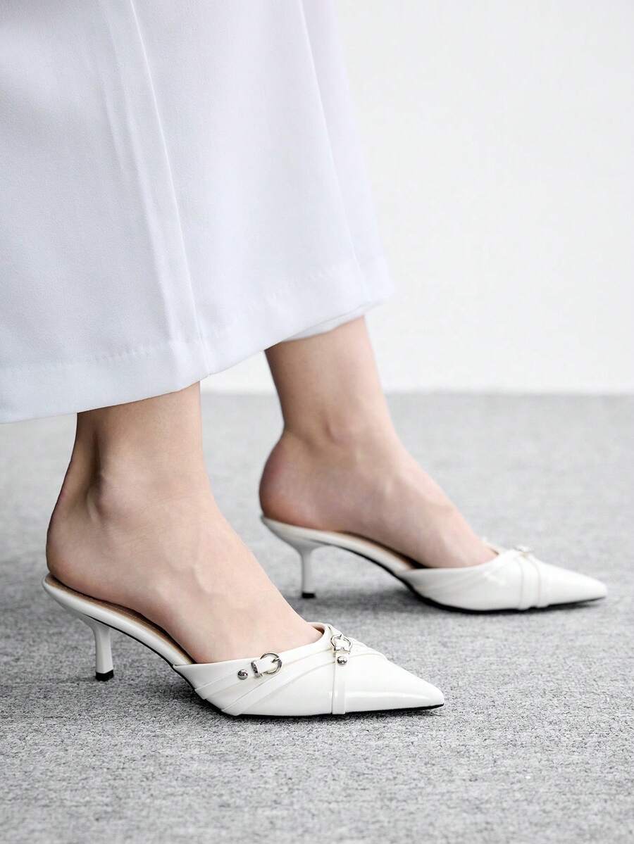 CUCCOO BIZCHIC 法式尖头低帮高跟闭趾凉鞋 女士交叉绑带时尚搭扣凉鞋 无后跟鞋 - 白色 - 查看 1