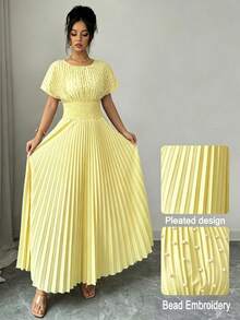 Modelyn Women's Yellow Dress, Solid Color With Faux Pearl Decor And Ruffle Design, Elegant A-Line Short Sleeve Ankle-Length Dress, Suitable For Spring And Summer, Women's Style - Light Yellow - View 6